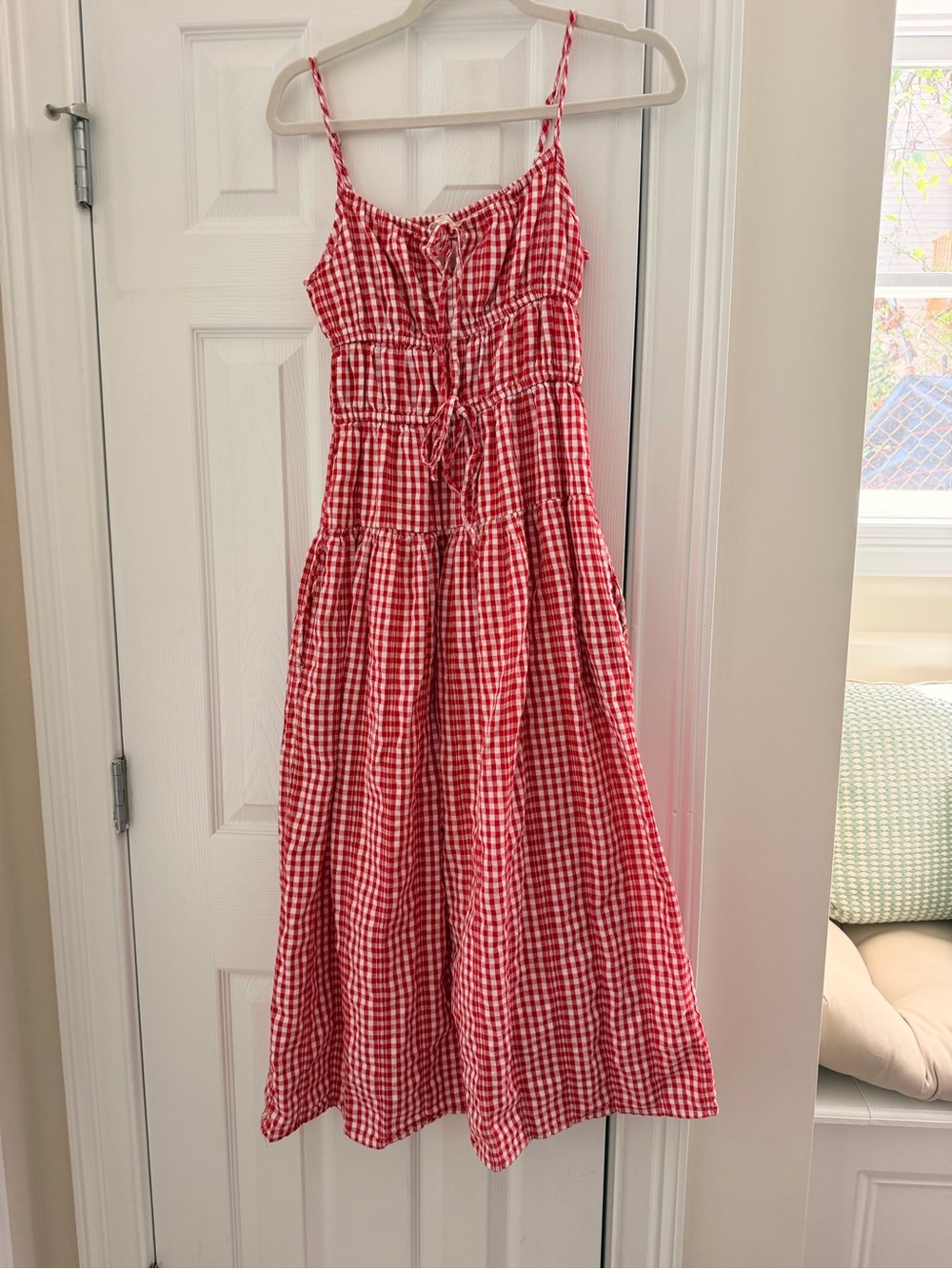 Red Gingham Tie-Front Smocked Midi Dress